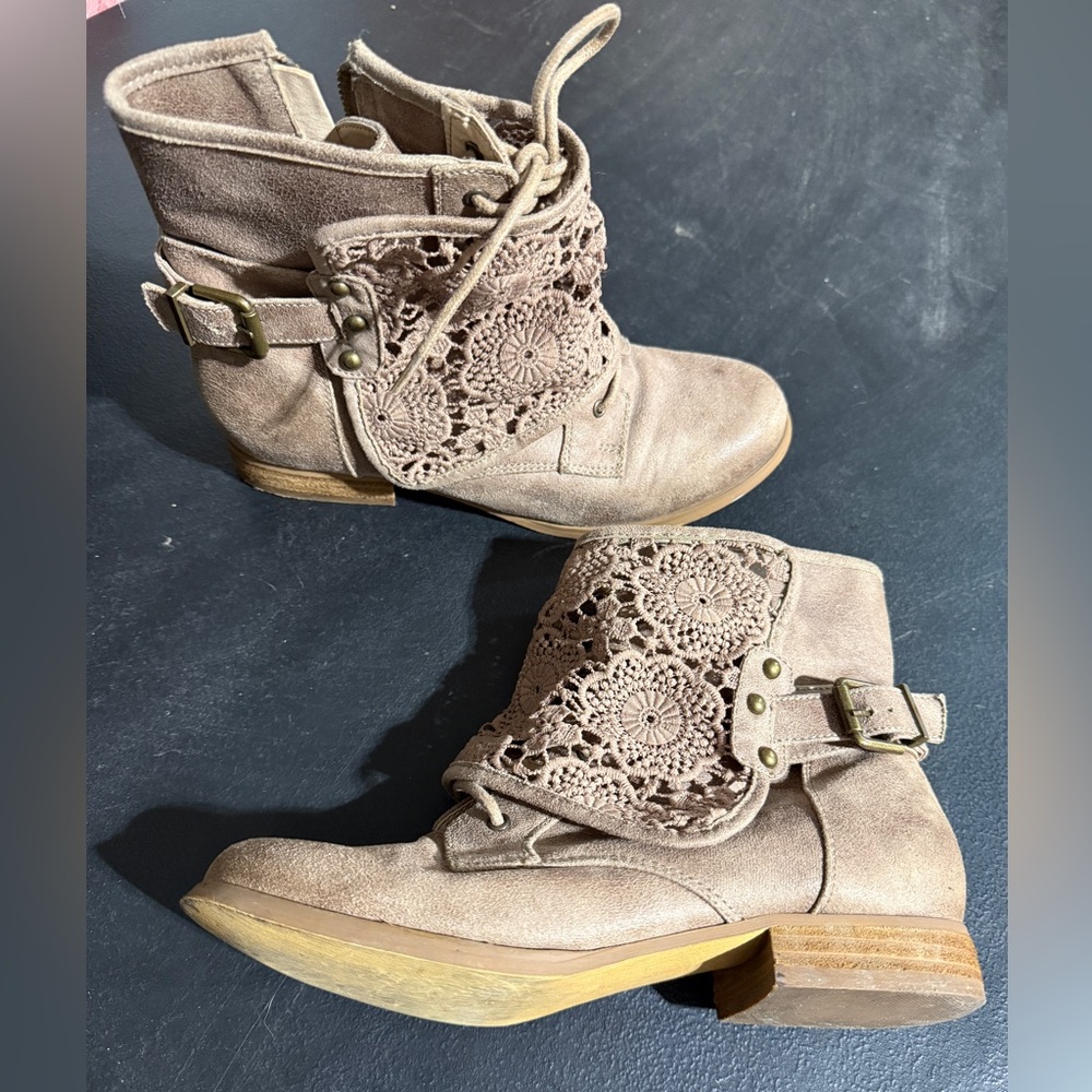 Not Rated Taupe Crochet Lace Ankle Boots with Buckle